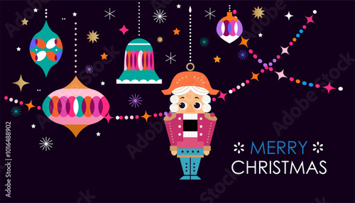 Merry Christmas and Happy New Year holiday template banner,  cover in geometric  style Santa,  Nutcracker;  ball toy, christmas tree, snowflake  Modern Xmas flat  vector illustration