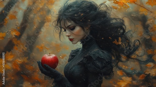 enchanting witch holding a red apple surrounded by an autumn forest bursting with seasonal colors embodying the magic of the mabon sabbat and the essence of witchcraft