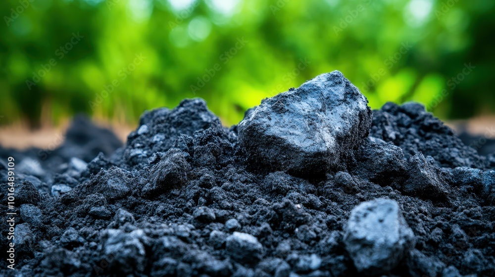 A detailed close-up of coal pieces, with a lush green background fading into a soft blur, highlighting the texture and natural environment. A detailed close-up of coal pieces, with a lush green background fading into a soft blur, highlighting the texture and natural environment.