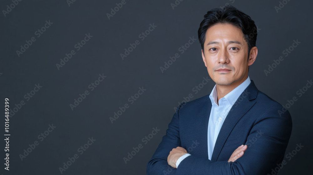 Young Japanese businessman in suit with arms crossed on dark background with space for text. Young Japanese businessman in suit with arms crossed on dark background with space for text.