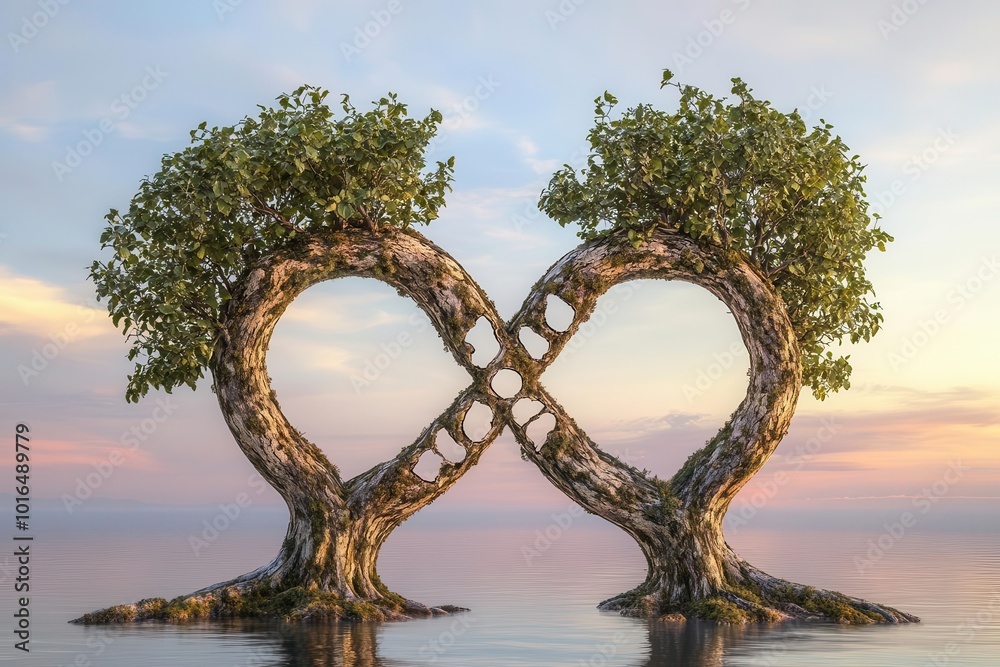 Fototapeta premium Two tree figures with missing sections forming the symbol of infinity, symbolizing the eternal cycle of life, on a serene background