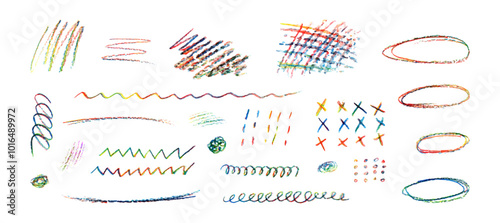Set of naive playful shapes drawing by wax crayon pencil. Children charcoal hand drawn colorful doodle scratches. Collection of pastel highlighter spots and cross shapes. Vector illustration