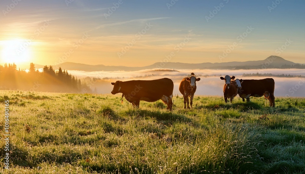 Panorama of grazing cows in a meadow with grass covered with dewdrops and morning fog, and in the background the sunrise in a small haze. Panorama of grazing cows in a meadow with grass covered with dewdrops and morning fog, and in the background the sunrise in a small haze.