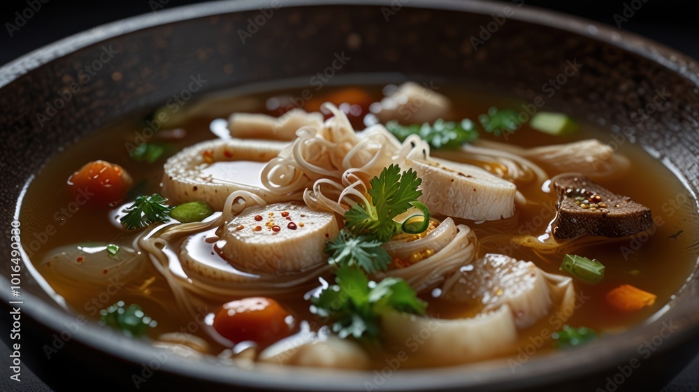 A bowl of steaming hot soup with noodles, chicken, and vegetables. A bowl of steaming hot soup with noodles, chicken, and vegetables.