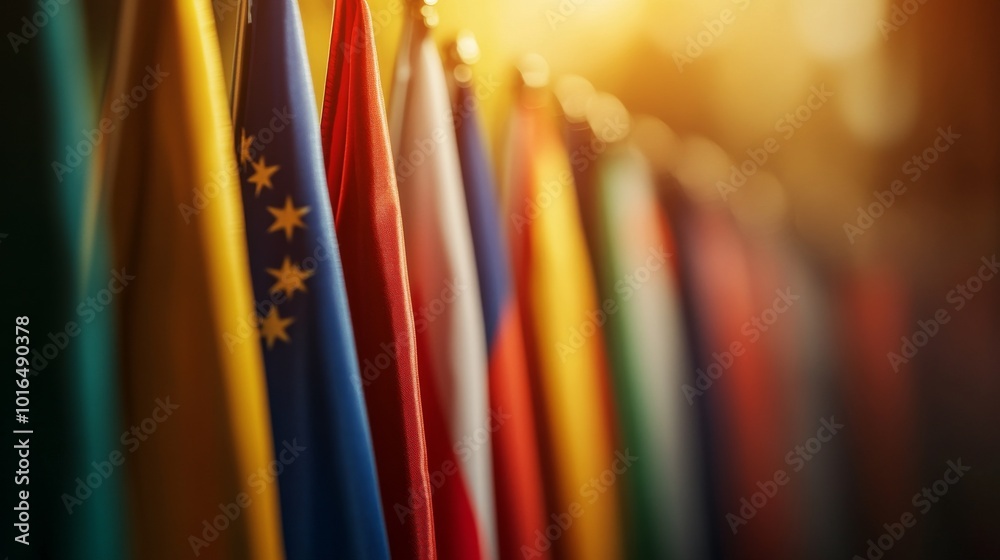 Colorful flags representing various countries are displayed in row ...