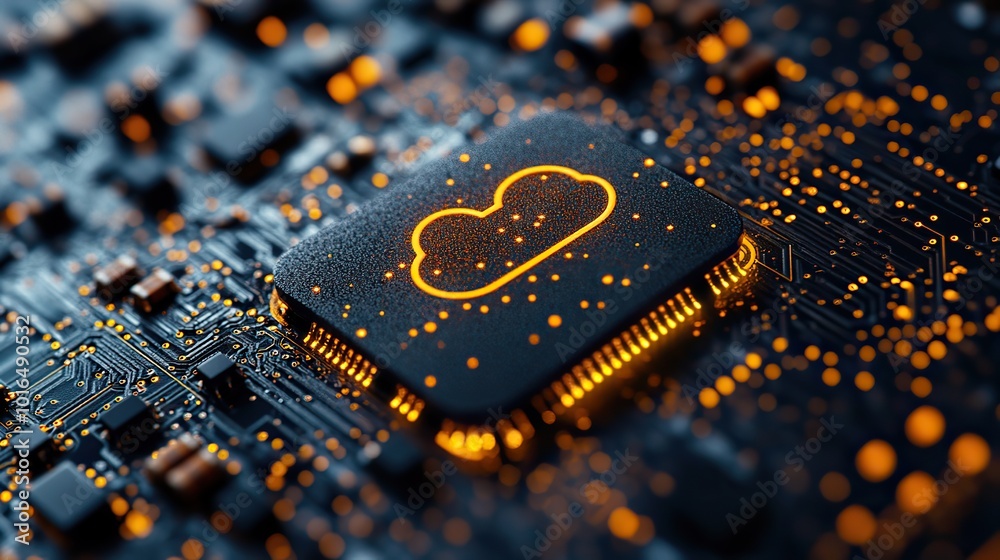 Fototapeta premium an of secure cloud computing concept featuring a cloud symbol over a stylized chip representing the safety and encryption in cloud storage services.create by F.a
