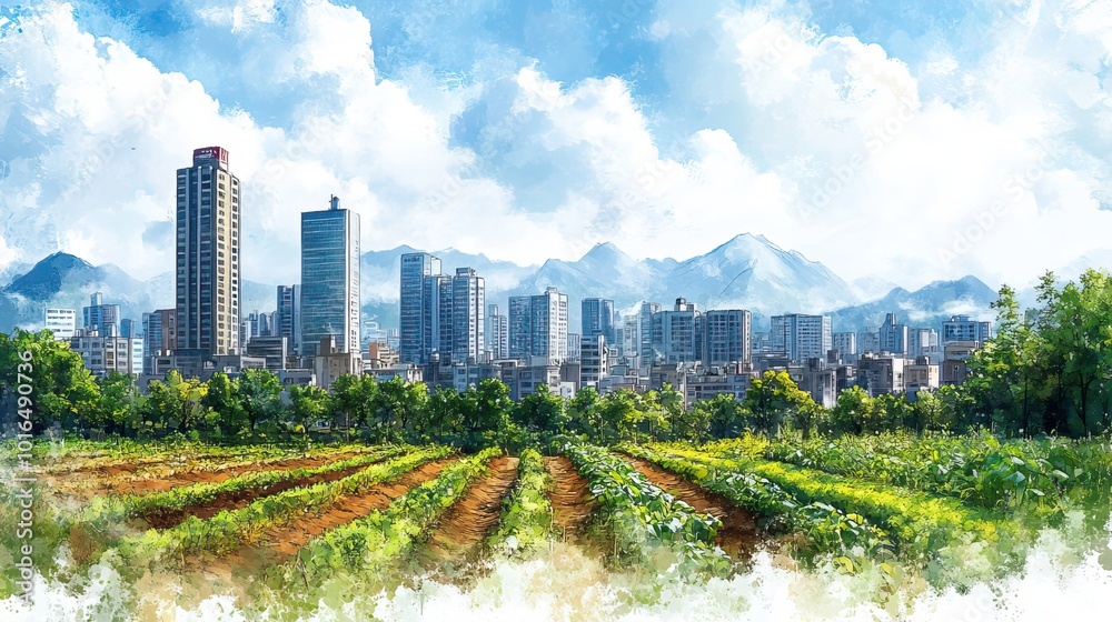 Obraz premium an illustrative concept of sustainable agriculture and farming practices in an urban environment the sketch depicts a harmonious blend of city life and agriculture.stock image