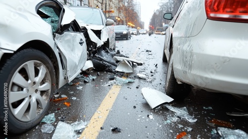 A street scene with two damaged cars post-collision amidst broken glass and debris, highlighting urban dangers and the necessity for careful driving in cities. photo