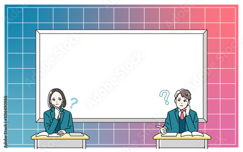 机に向かって勉強をする高校生の男女のイラスト