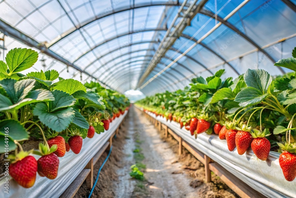 Panoramic view of strawberry farm in greenhouse during winter Panoramic view of strawberry farm in greenhouse during winter