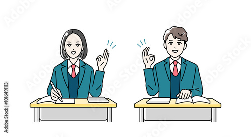 机に向かってOKサインをする高校生の男女のイラスト
