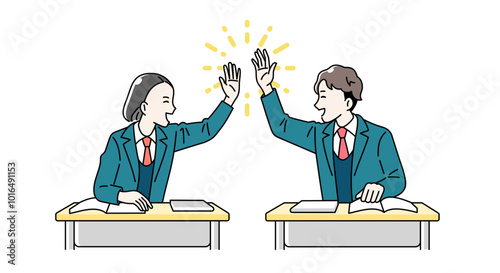 机に向かって勉強をする高校生の男女のイラスト