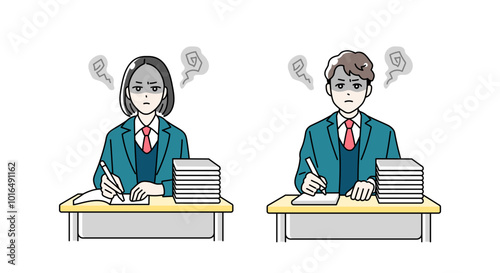 机に向かって受験勉強をする高校生の男女のイラスト