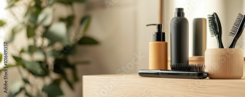 Sleek vanity table with luxury haircare products, premium brushes, and a shining hair straightener ready for use