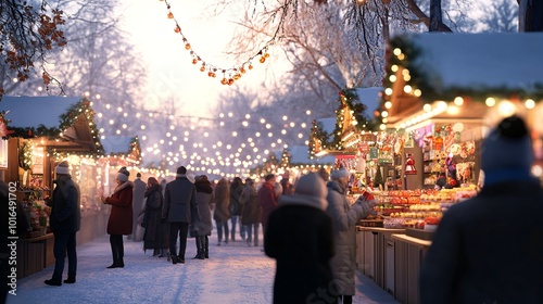 A Vibrant Winter Wonderland Christmas Market with Happy Shoppers Strolling Under Lights