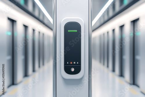 Modern digital lock system on a storage unit door, featuring a sleek design and illuminated indicator lights.