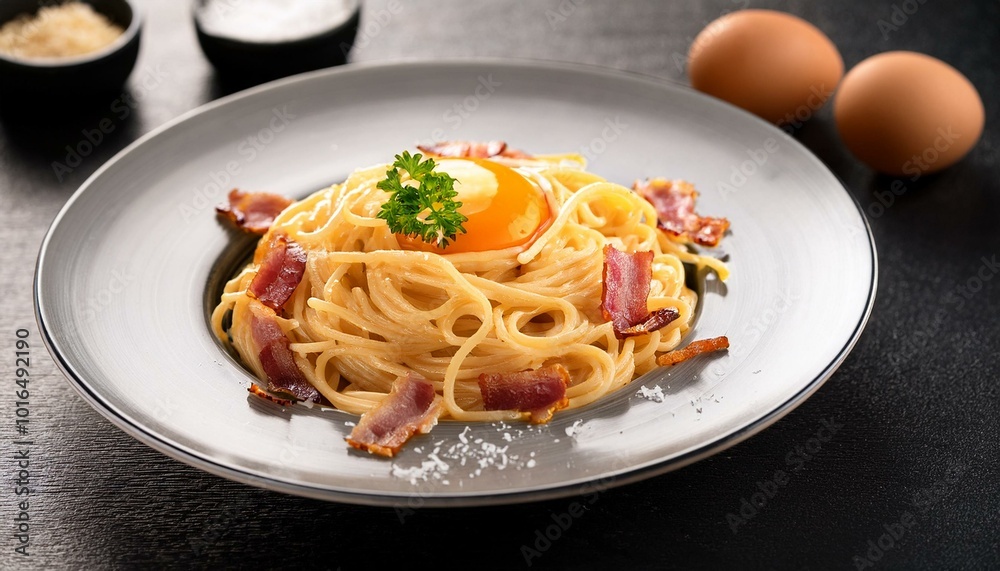 Spaghetti carbonara with egg and pancetta Spaghetti carbonara with egg and pancetta
