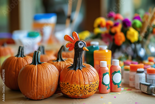 festive crafting activities, creating turkey decorations and painted pumpkins photo