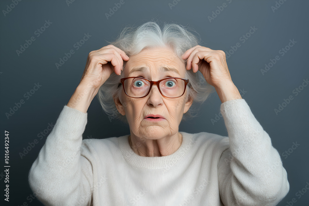 Anxious elderly woman with gray hair and glasses touching her head, appearing startled on a neutral background Anxious elderly woman with gray hair and glasses touching her head, appearing startled on a neutral background