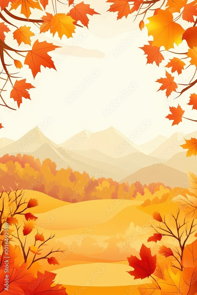 Fototapeta premium Autumn Landscape with Maple Leaf Frame
