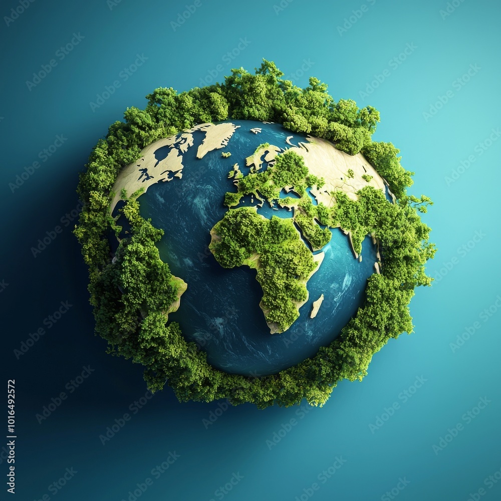 Globe surrounded by lush green foliage on a teal background. Globe surrounded by lush green foliage on a teal background.