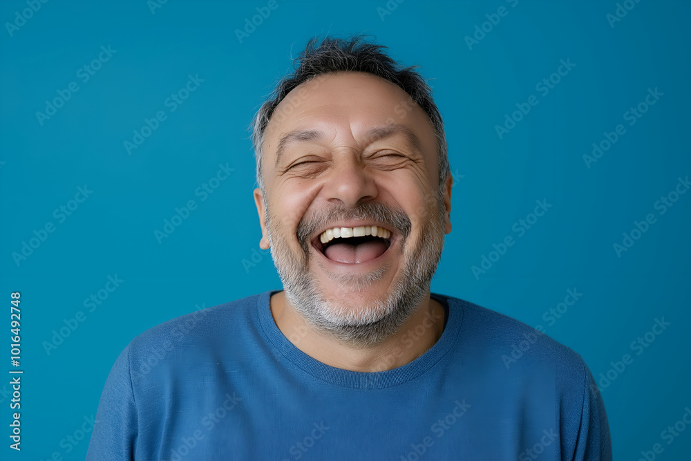 Joyful man in his 50s laughs with eyes closed against a blue background, exuding happiness and positivity Joyful man in his 50s laughs with eyes closed against a blue background, exuding happiness and positivity