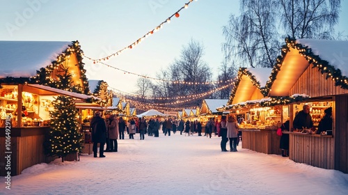 Festive Christmas Market Scene at Dusk with People Enjoying Holiday Stalls