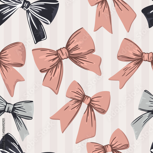 Vector seamless pattern with pink, grey and black girlish bows on pastel striped backgroun