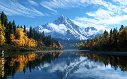 Majestic mountain landscape reflecting on calm lake under a blue sky.