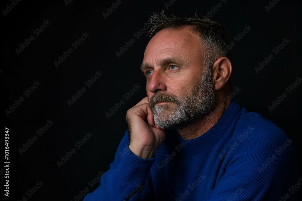 Mature man in a blue sweater looks thoughtful and serious against a black background, showing worry and wisdom with his grey hair and beard Mature man in a blue sweater looks thoughtful and serious against a black background, showing worry and wisdom with his grey hair and beard