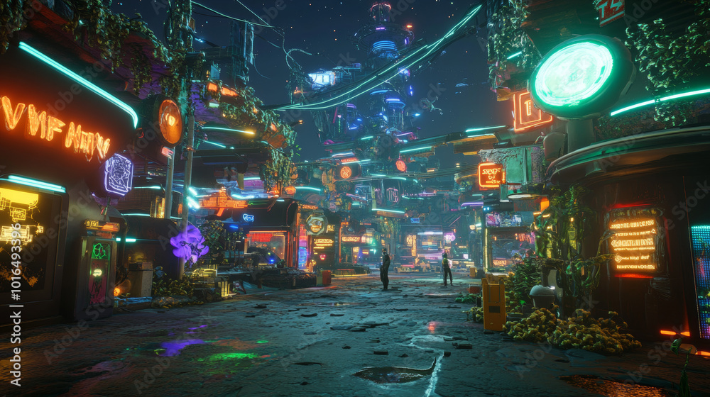 Obraz premium A Vibrant Cyberpunk Street Scene: Neon Lights, Overgrown Vines, and Futuristic Architecture in a Dystopian Urban Jungle