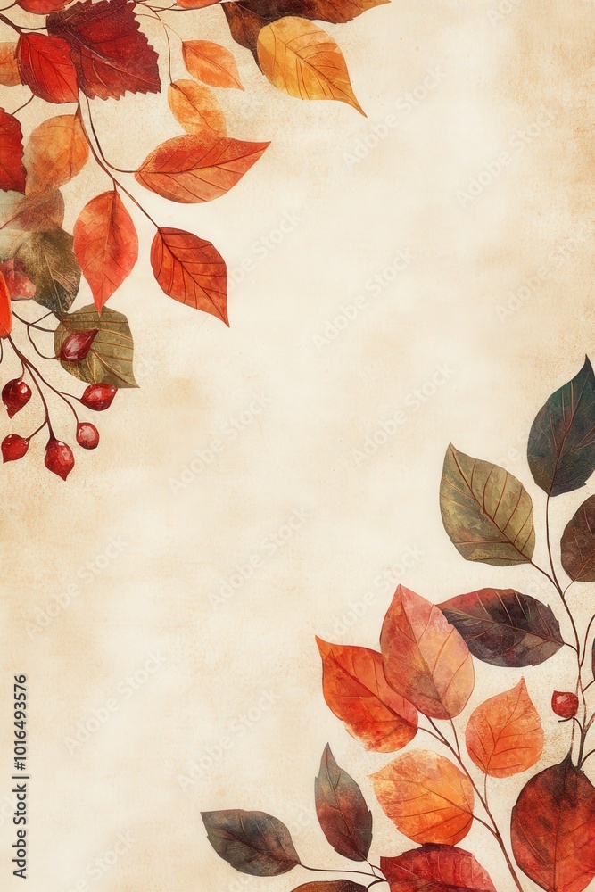 Fototapeta premium Watercolor Autumn Leaves Border on Beige Background.