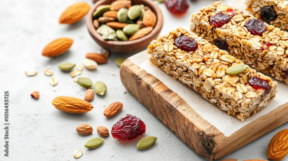 Gluten-free granola bars with organic nuts, seeds, and dried fruits, laid out on a wooden board for a healthy snack Gluten-free granola bars with organic nuts, seeds, and dried fruits, laid out on a wooden board for a healthy snack