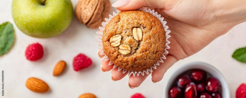 Fototapeta premium Hand holding a gluten-free muffin made with organic ingredients, surrounded by fresh fruits and nuts
