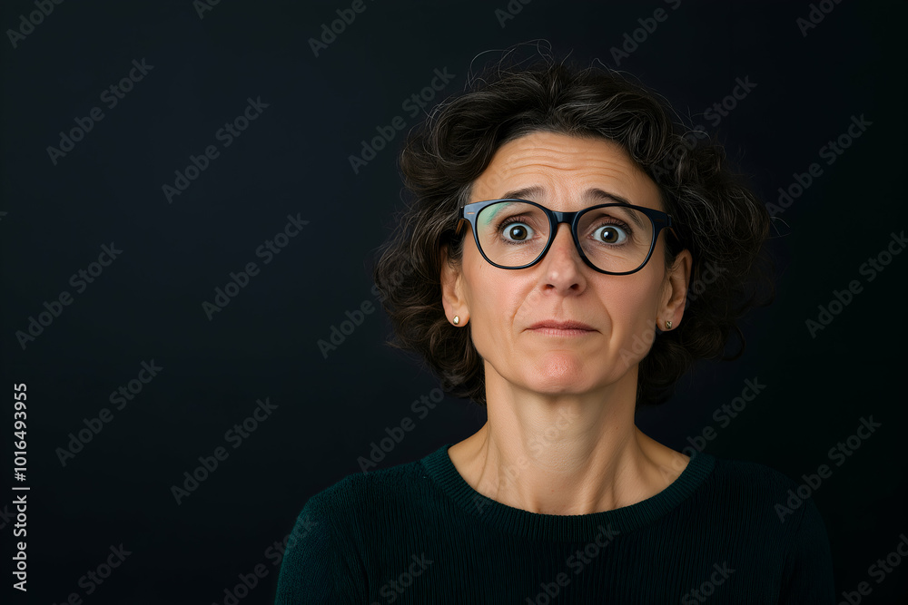 Anxious mature woman with glasses displaying concern and uncertainty on her face against a black studio backdrop Anxious mature woman with glasses displaying concern and uncertainty on her face against a black studio backdrop