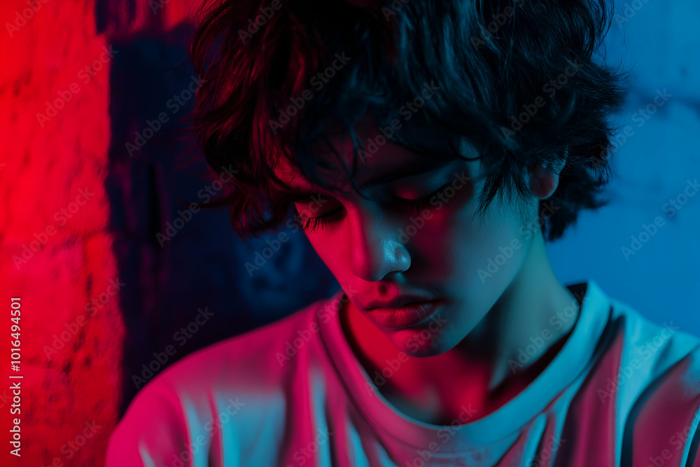 Young person with closed eyes, appearing contemplative and exuding a feeling of melancholy, is illuminated by striking red and blue light