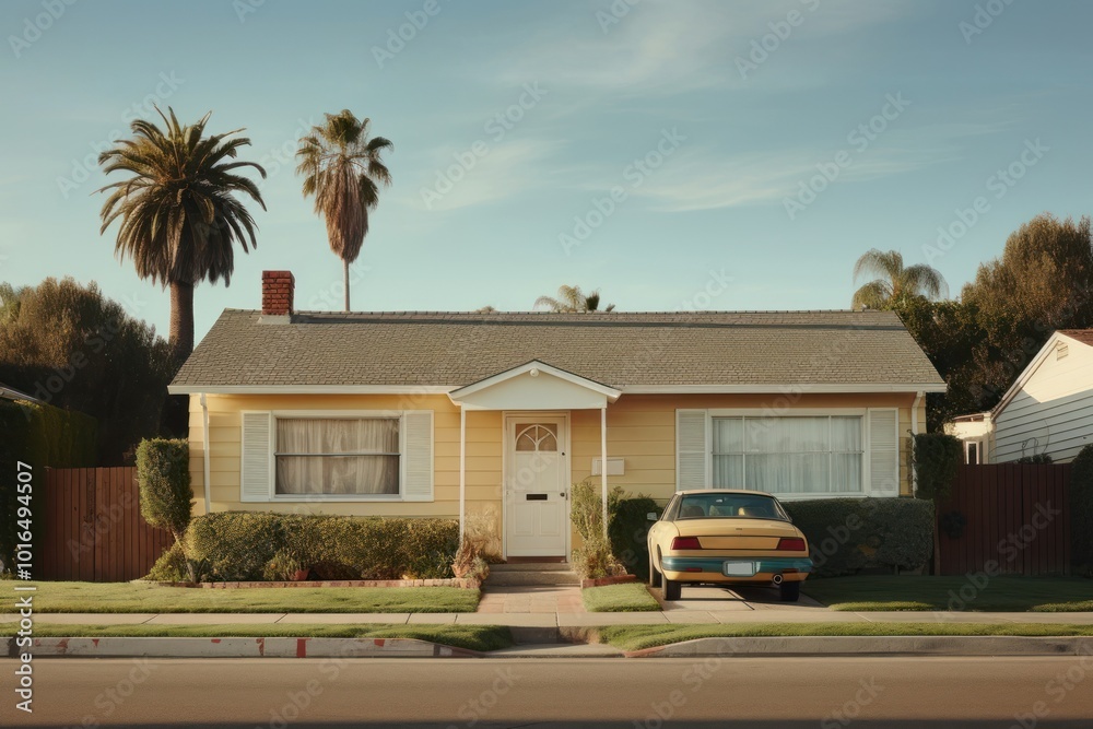 Fototapeta premium American suburb house architecture building vehicle.