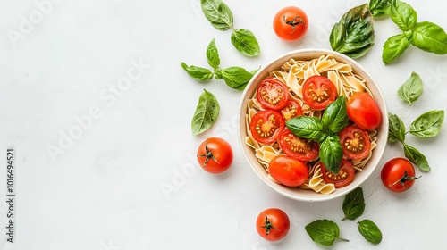 A flatlay of gluten-free pasta with fresh organic tomatoes and basil, showcasing healthy, nutritious ingredients