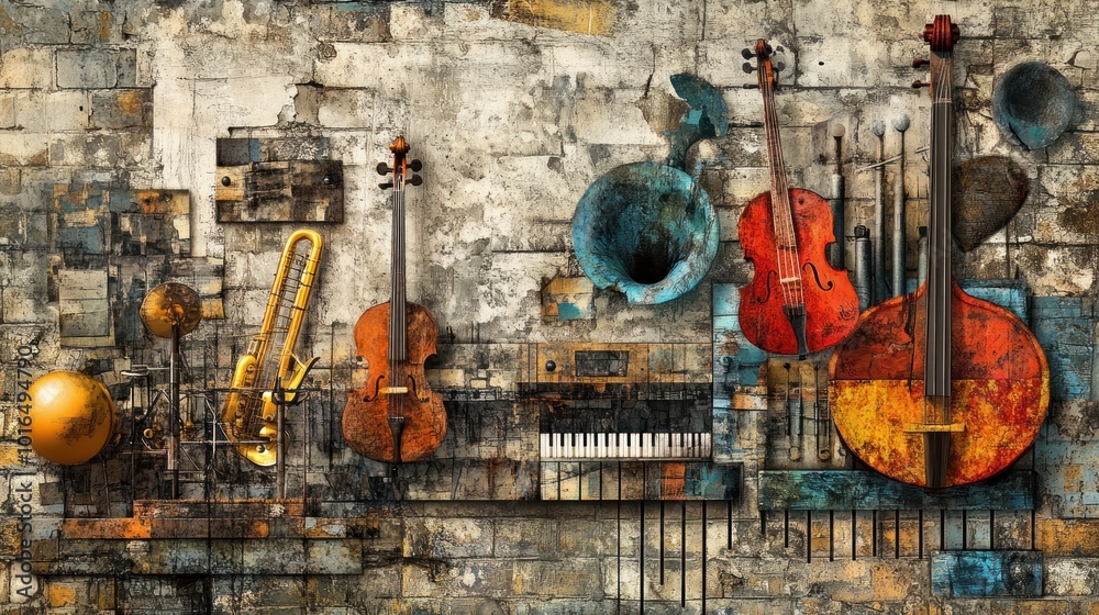 Naklejka premium Musical Instruments on a Brick Wall