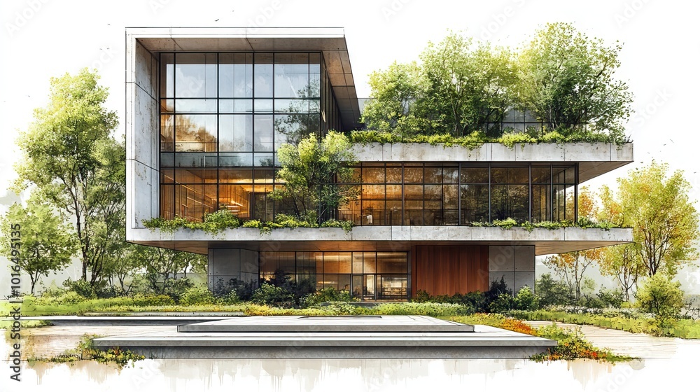 Fototapeta premium architectural sketch of a modern net zero energy building,greenery emphasizing sustainable design and energy efficiency.stock image