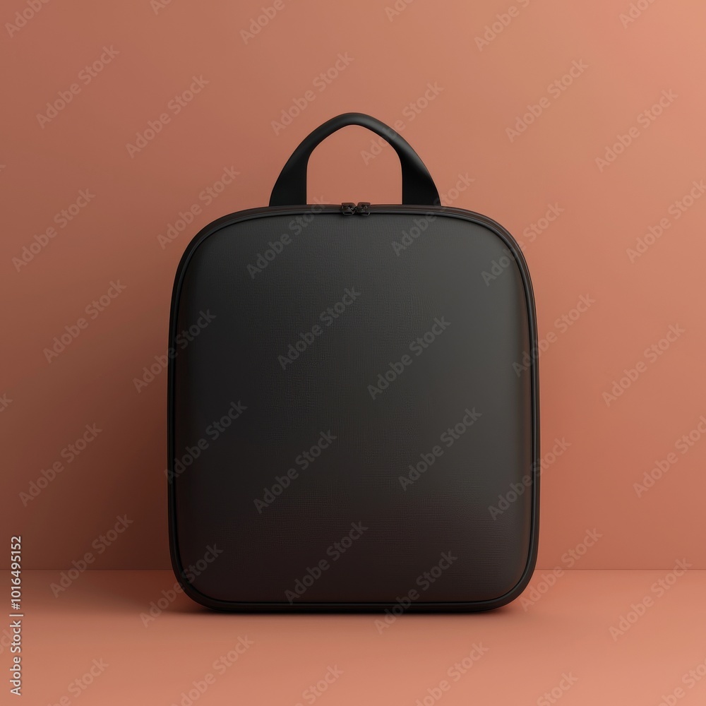 Stylish black backpack on a warm terracotta background.