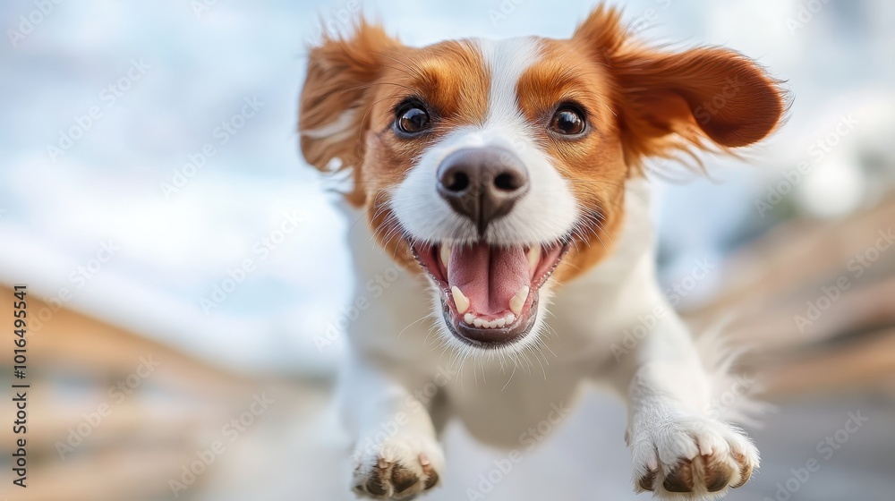 A lively and cheerful dog leaping in the air, showcasing an expression of excitement and joy, radiating happiness and youthful energy in a dynamic setting. A lively and cheerful dog leaping in the air, showcasing an expression of excitement and joy, radiating happiness and youthful energy in a dynamic setting.
