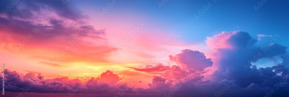 Vibrant sunset sky with soft clouds, horizon fading gently, a mesmerizing display of colors in a serene atmosphere
