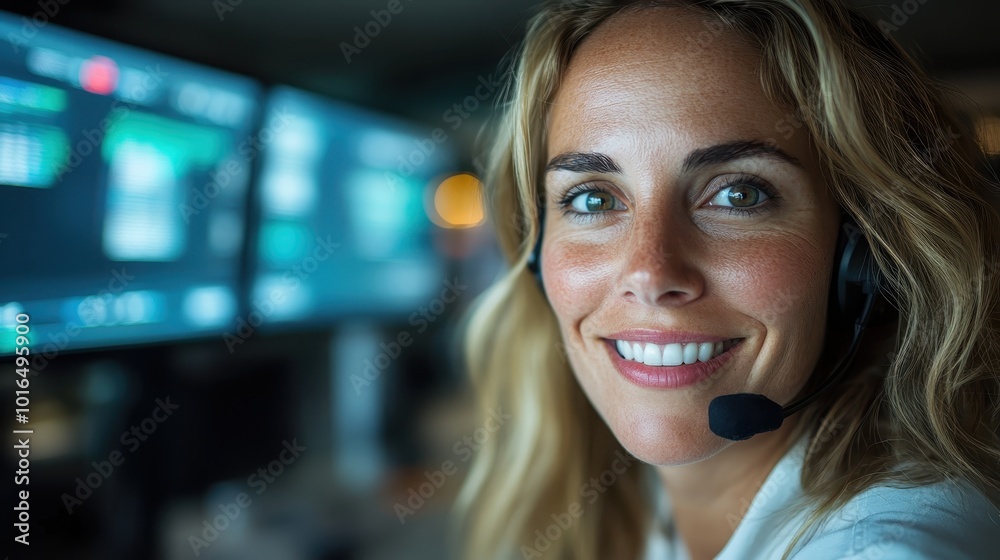 A smiling woman wearing a headset is sitting in front of multiple computer screens, likely working in a professional communication environment or call center. A smiling woman wearing a headset is sitting in front of multiple computer screens, likely working in a professional communication environment or call center.