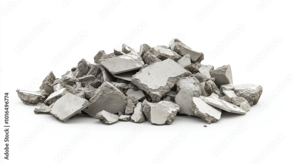 A mound of irregular, broken concrete chunks laying on a white background, representing construction debris A mound of irregular, broken concrete chunks laying on a white background, representing construction debris