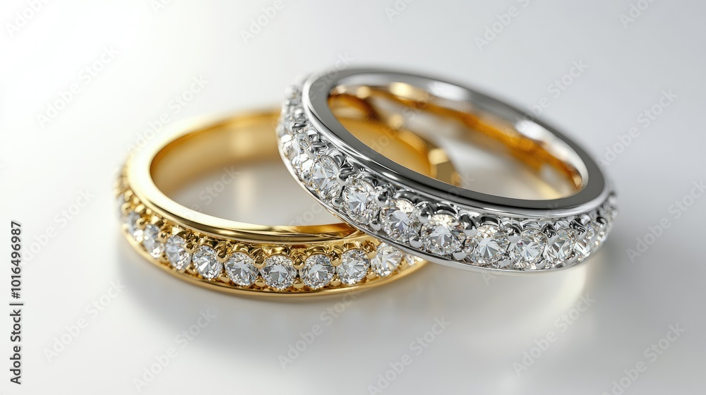A pair of beautiful gold and silver diamond wedding rings, placed on a white background A pair of beautiful gold and silver diamond wedding rings, placed on a white background