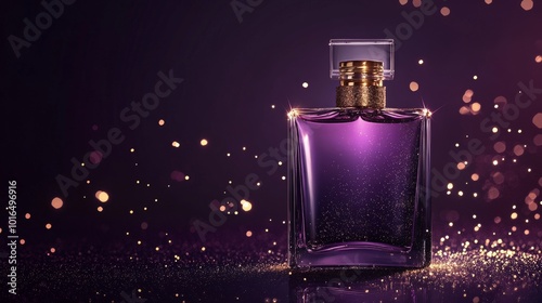 new year or christmas cosmetic background, minimalist perfume bottle on dark purple background with golden sparkling glitter, copy space