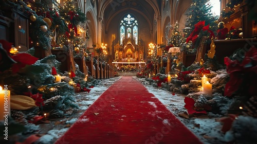 beautiful decorated church during the festive christmas season ornate religious symbols in catholic,lutheran cathedral altar and isle,winter decorations to celebrate birth of jesus.illustration photo