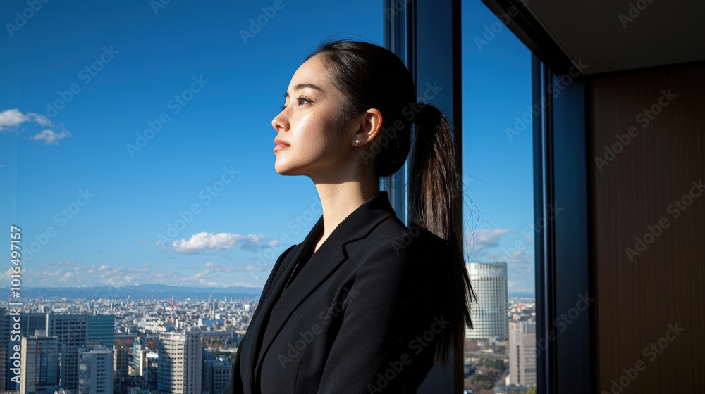 confident woman in black suit gazes thoughtfully out of high rise window, overlooking vibrant cityscape under clear blue sky confident woman in black suit gazes thoughtfully out of high rise window, overlooking vibrant cityscape under clear blue sky