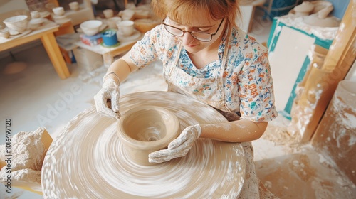 Junge Frau lernt Töpfertechniken in Kunstwerkstatt zur kreativen Erkundung photo